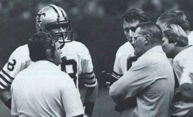 Saints Head Coach Bum phillips on the sideline with Dave Wilson, Archie Manning & Bobby Scott