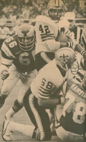 Chuck Muncie carries against Bill Bergey and the Philadelphia Eagles defense in 1977